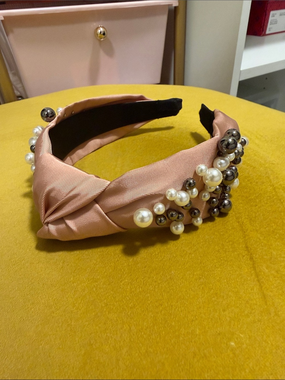 Matte Satin Knotted Headband with Faux Pearls